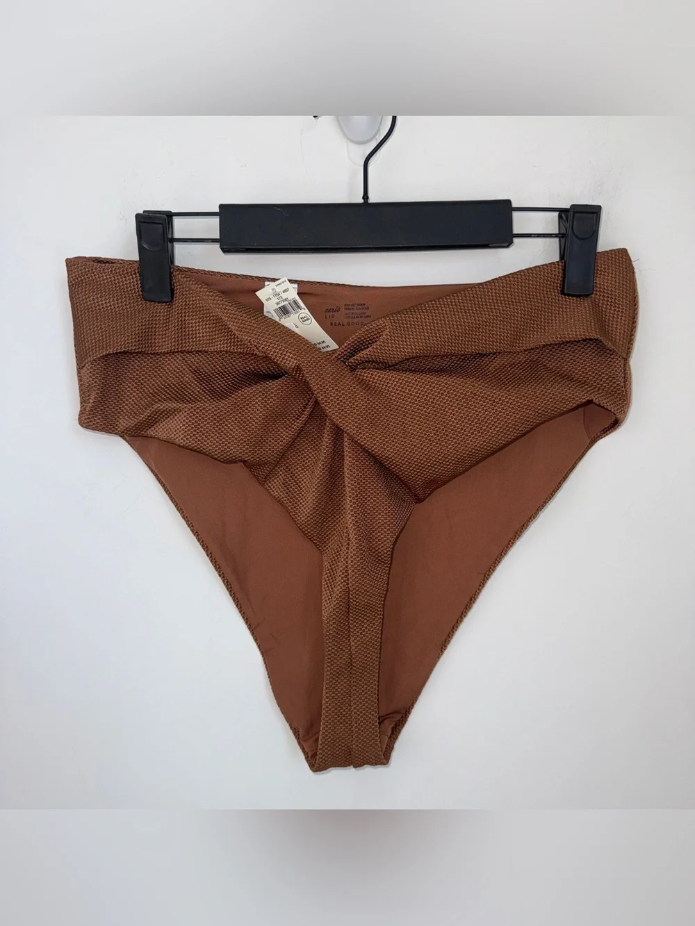 AERIE crossover shine PIQUE HIGH WAIST TWIST CHEEKY BIKINI BOTTOMS L